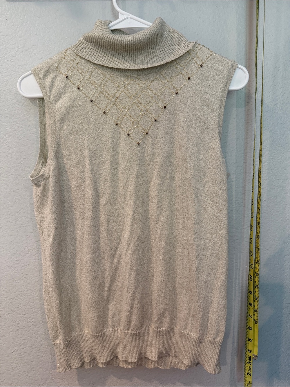 Cable & Gauge Light Beige Sleeveless Turtleneck with Beaded Diamond Detail